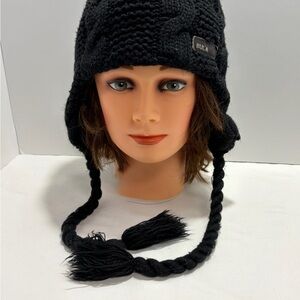 Bula Black Knit Hat with Earflaps & Braided Strings